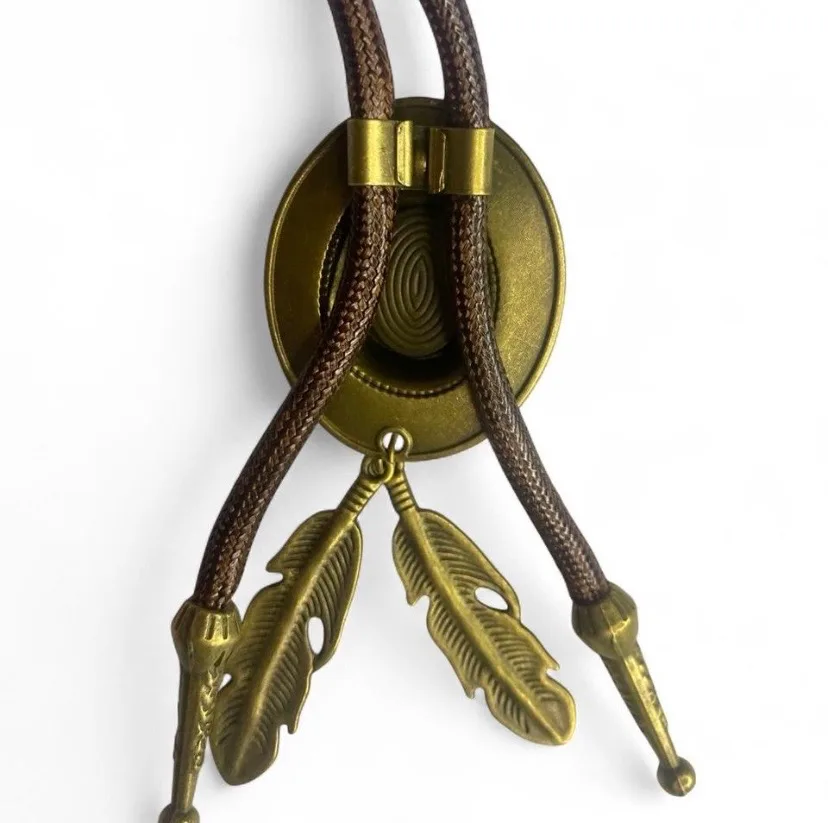 Western bolo tie cowboy hat pendant, tigers eye & feather charms – photo 5