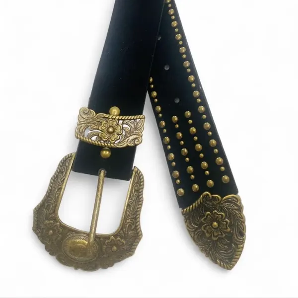 Western Black Studded Belt Ornate Gold Buckle