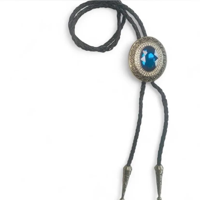 Blue Crystal Bolo Tie with Ornate Silver-Tone Oval Frame – photo 2