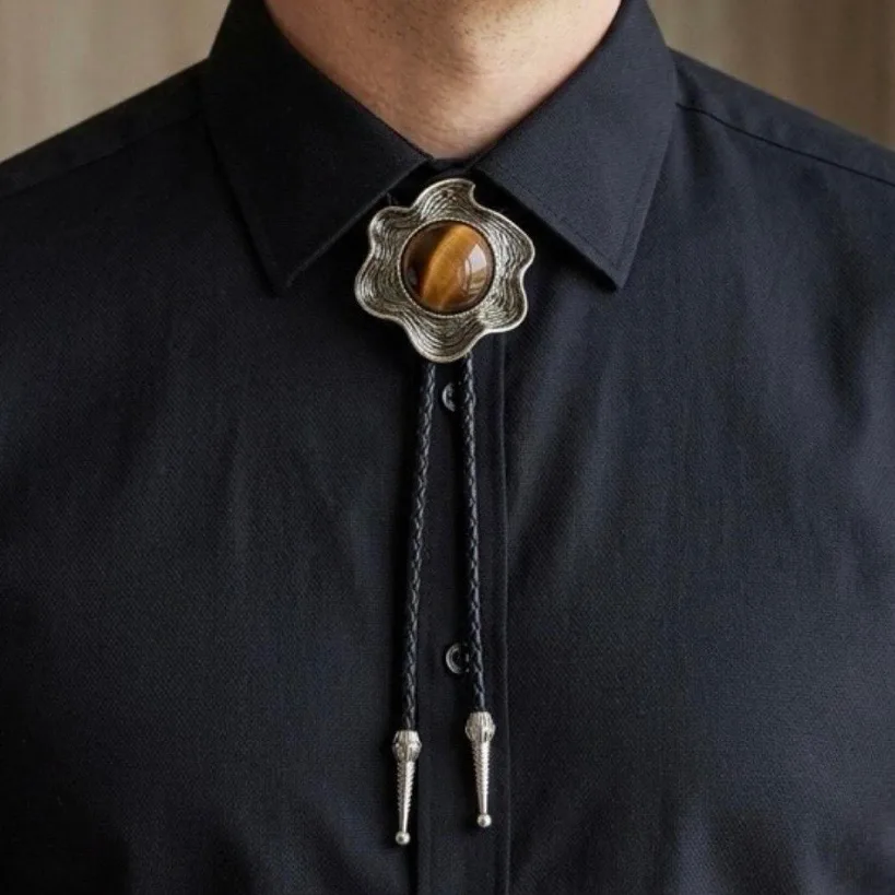 Western Style Bolo Tie Tigers Eye Silver-Tone Setting – photo 6