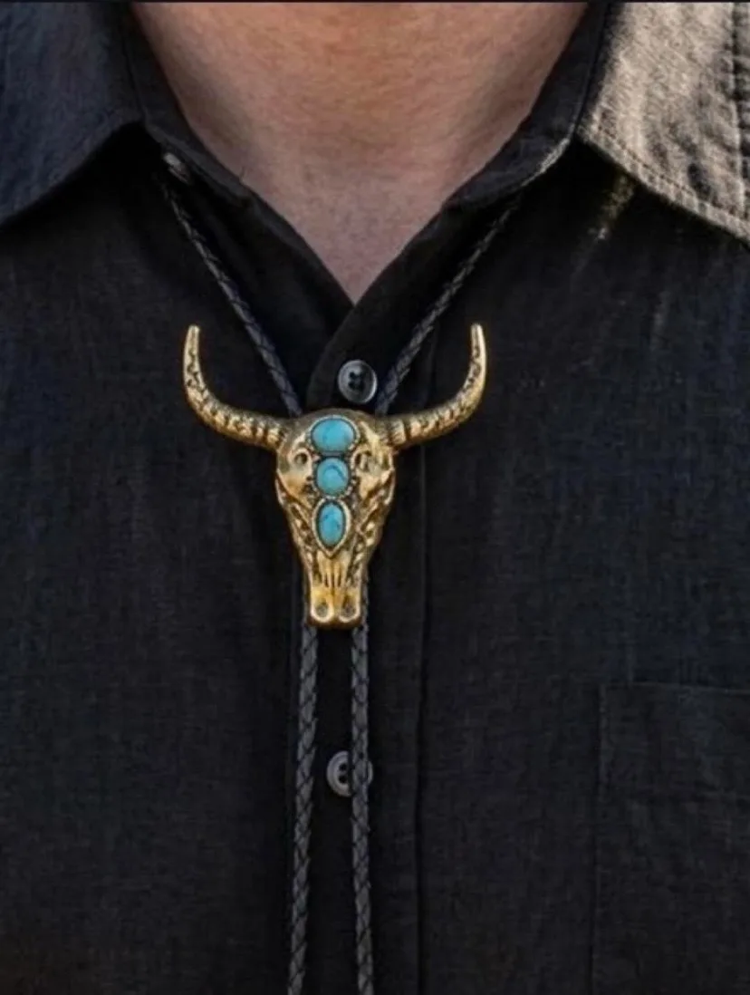 Western Style Bolo Tie Old Gold-Tone Bulls Head – photo 2