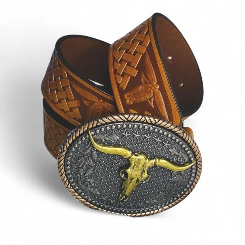 Western Embossed Belt Golden Longhorn Bull Silver Buckle — photo 4