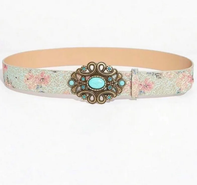 Boho Floral Print Belt Gold & Turquoise Buckle — photo 3