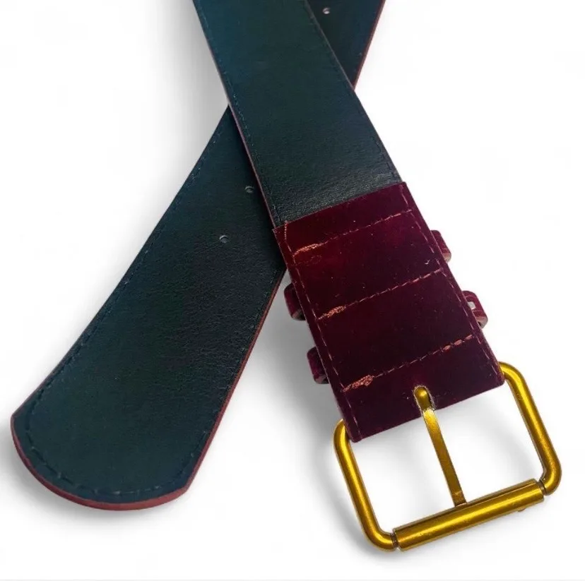 Retro-style wide burgundy velvet belt large gold-tone buckle — photo 6