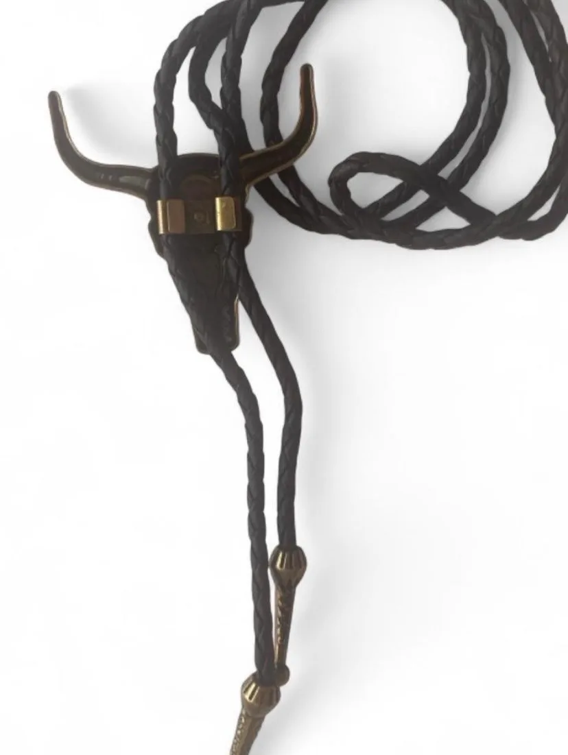 Western Style Bolo Tie Old Gold-Tone Bulls Head – photo 6