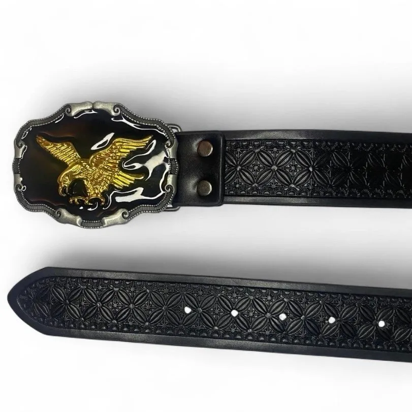 Western Black Embossed Belt with Golden Eagle on Black Buckle – photo 8