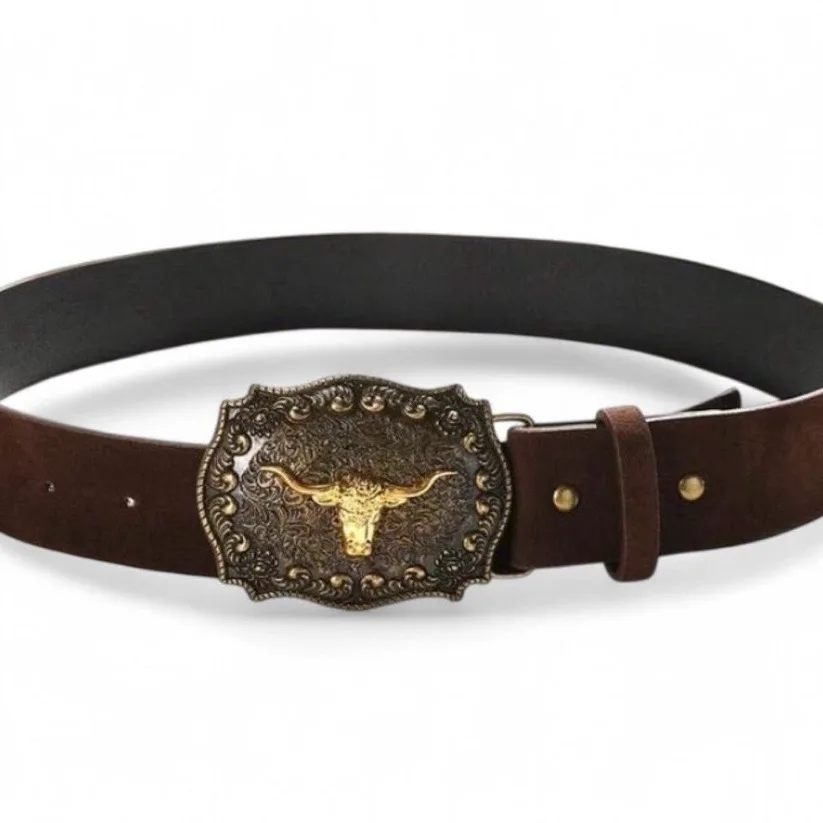 Western Brown Suedette belt Brass Buckle Golden Longhorn – photo 2