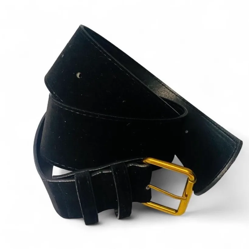 Retro-style wide black velvet belt large gold-tone buckle — photo 5