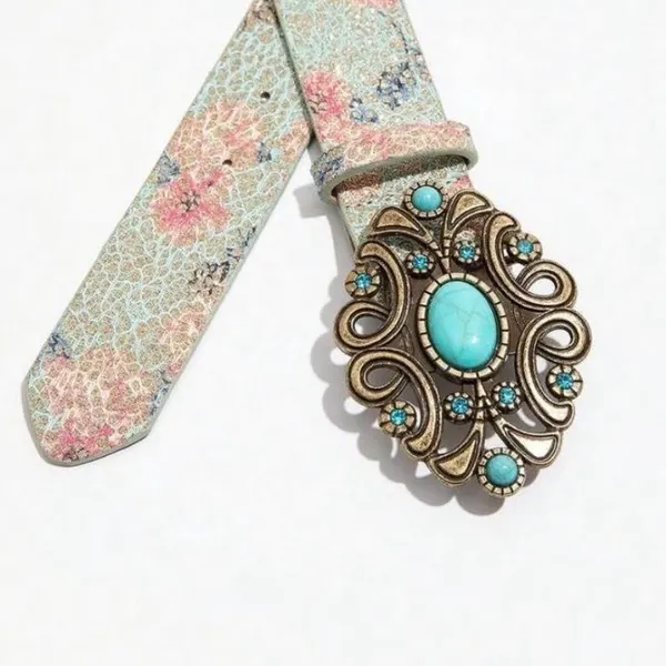 Boho Floral Print Belt Gold & Turquoise Buckle