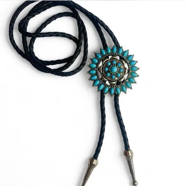 Western Bolo Tie Antique Silver-Tone Turquoise Sunburst