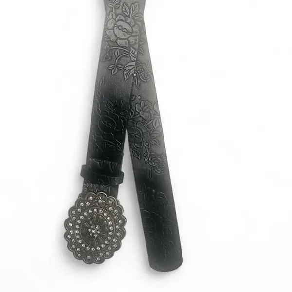 Vintage-Style Western Floral Embossed Belt with Oval Rhinestone Buckle