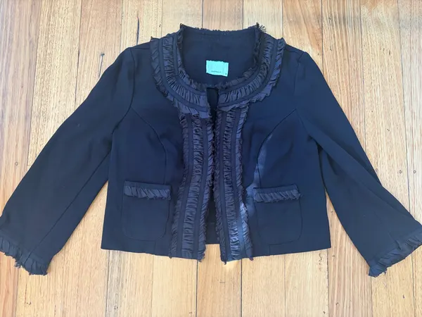 Review brown satin ruffle trim cropped jacket size 12