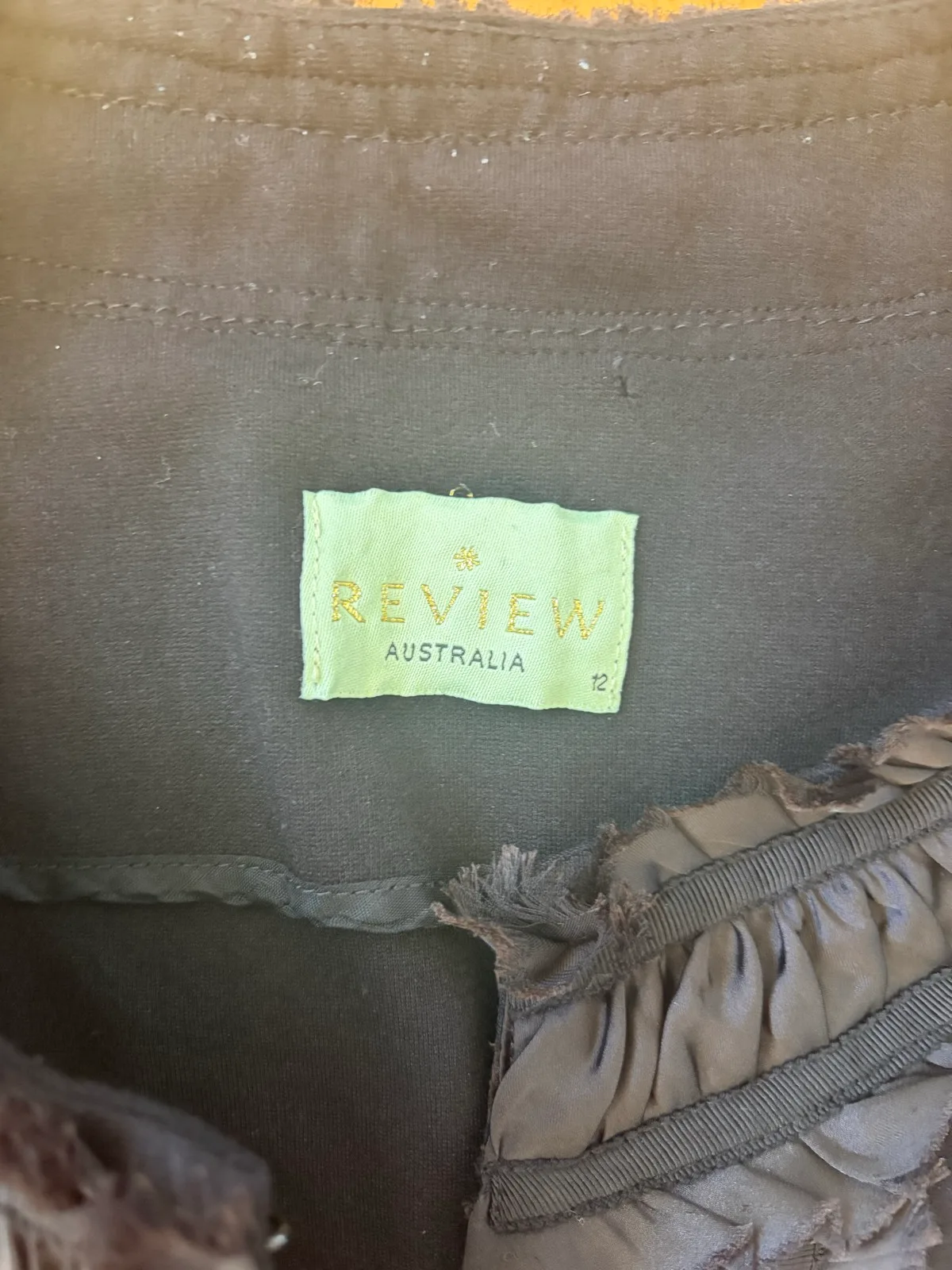 Review brown satin ruffle trim cropped jacket size 12 – photo 2