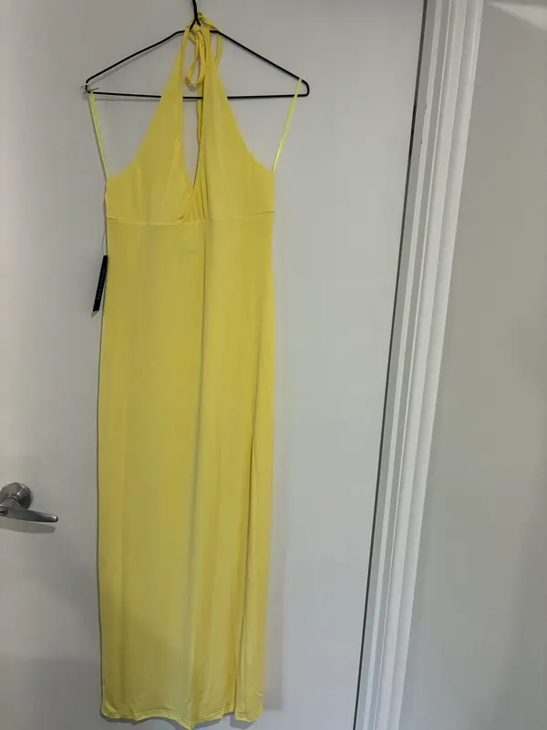 Yellow white fox maxi dress “We all want more halter neck maxi dress lemon”